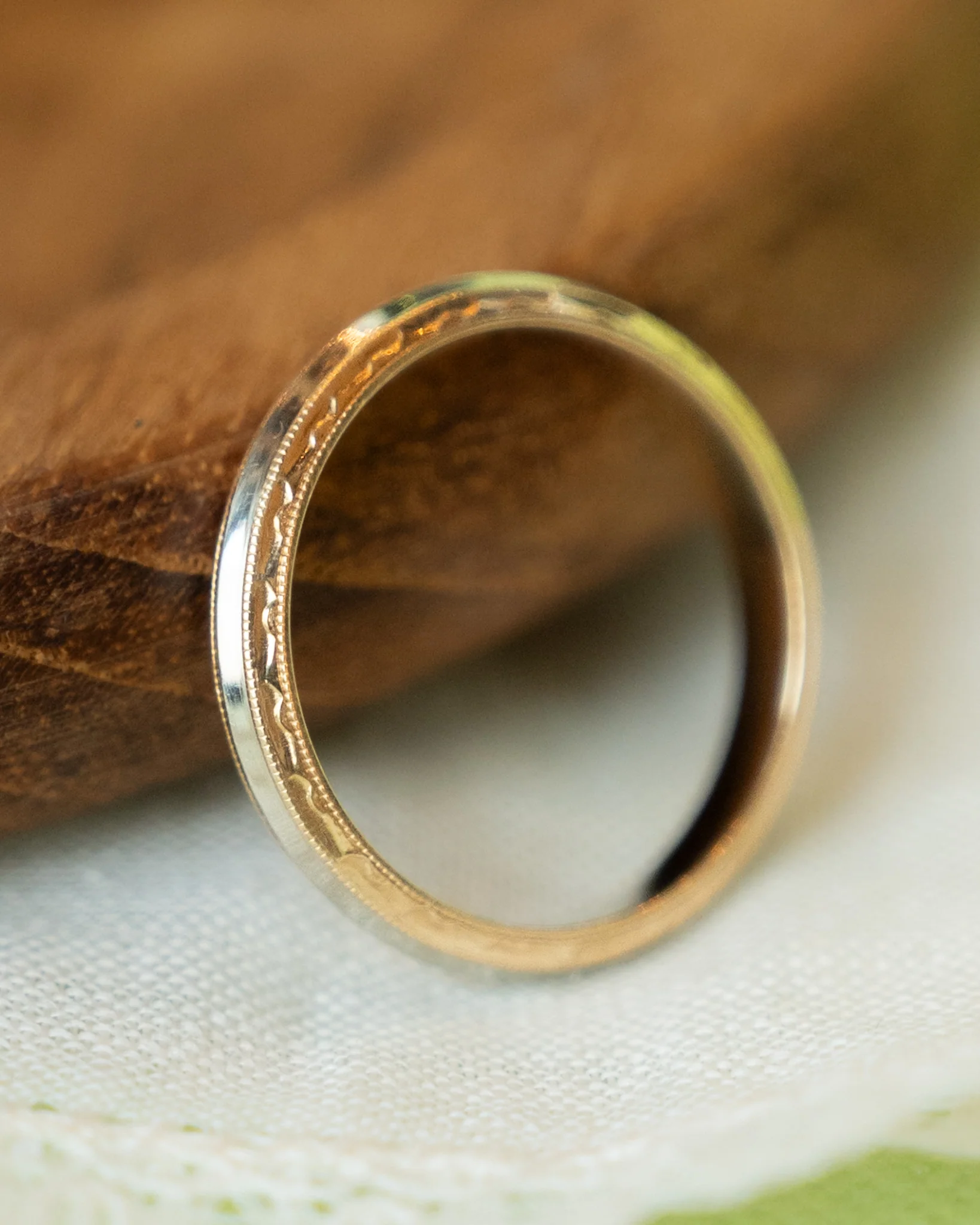 Vintage Retro Two-Tone Milgrain Wedding Band in 14k - Image 7