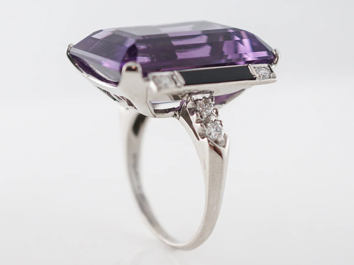 Vintage Right Hand Ring Art Deco 24.30 Emerald Cut Amethyst & Onyx in Platinum - Image 5