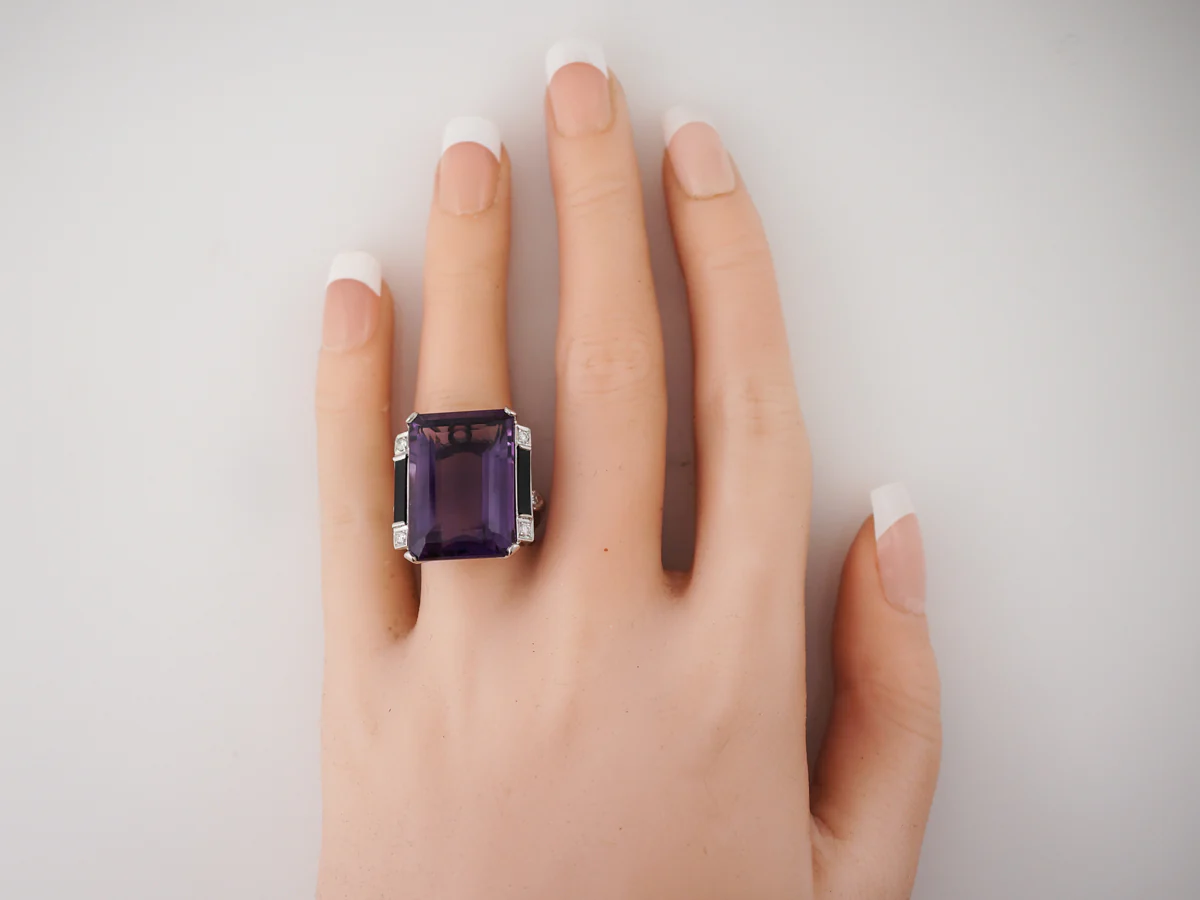 Vintage Right Hand Ring Art Deco 24.30 Emerald Cut Amethyst & Onyx in Platinum - Image 6