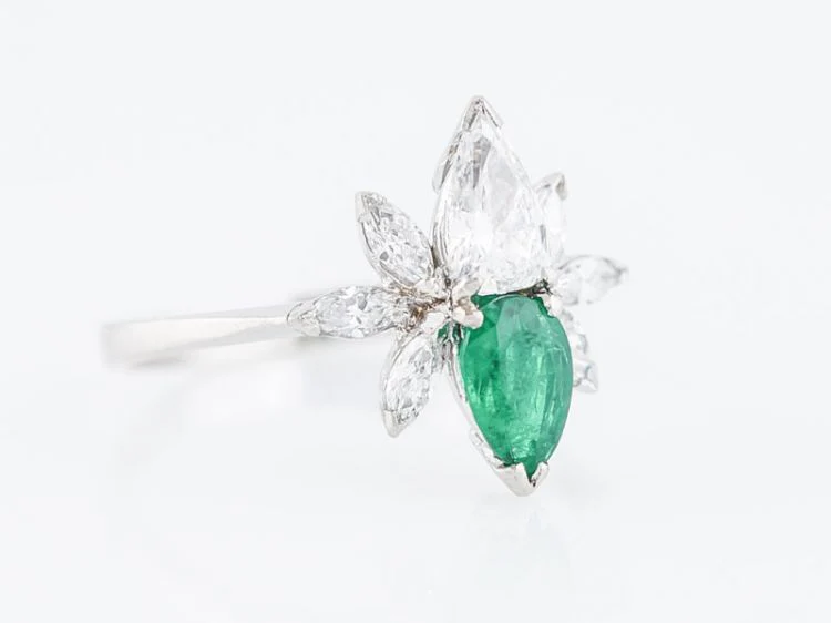 Vintage Right Hand Ring Mid-Century .42 Pear Cut Diamond & .65 Pear Cut Emerald in Platinum - Image 2