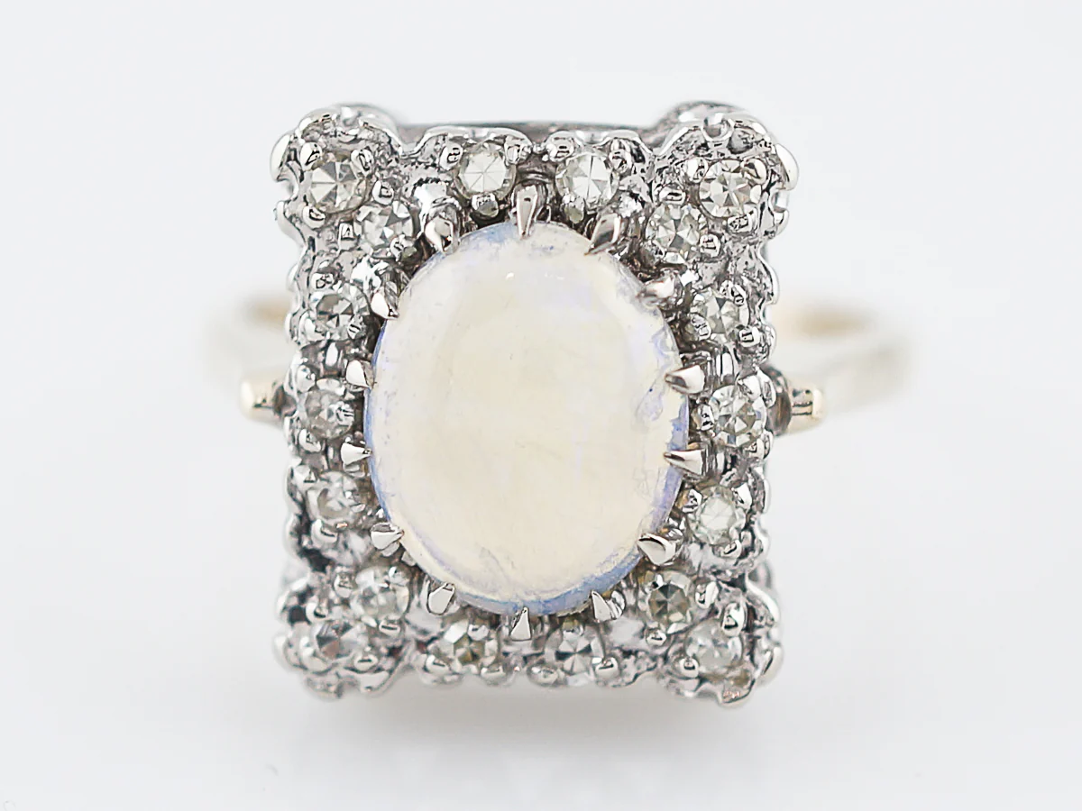 Vintage Right Hand Ring Retro 1.2 Oval Cabochon Cut Opal & Single Cut Diamond in 14k Yellow & White Gold