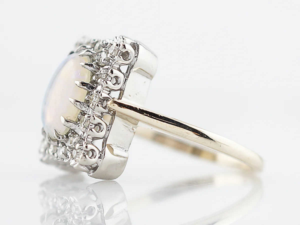 Vintage Right Hand Ring Retro 1.2 Oval Cabochon Cut Opal & Single Cut Diamond in 14k Yellow & White Gold - Image 2