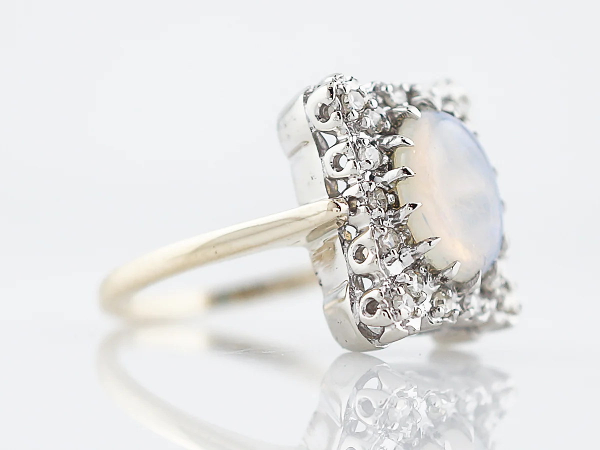 Vintage Right Hand Ring Retro 1.2 Oval Cabochon Cut Opal & Single Cut Diamond in 14k Yellow & White Gold - Image 3