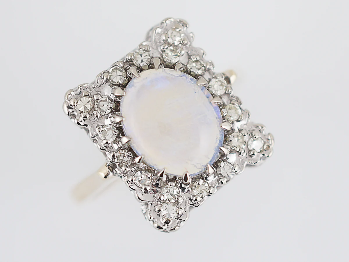 Vintage Right Hand Ring Retro 1.2 Oval Cabochon Cut Opal & Single Cut Diamond in 14k Yellow & White Gold - Image 4