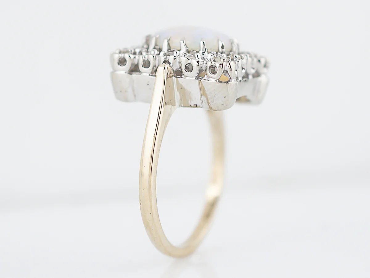Vintage Right Hand Ring Retro 1.2 Oval Cabochon Cut Opal & Single Cut Diamond in 14k Yellow & White Gold - Image 5