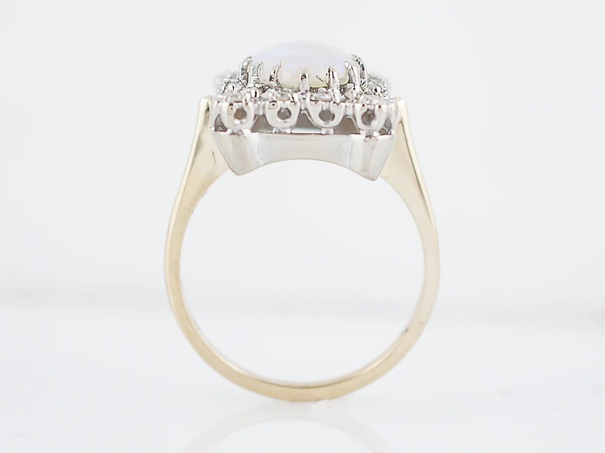 Vintage Right Hand Ring Retro 1.2 Oval Cabochon Cut Opal & Single Cut Diamond in 14k Yellow & White Gold - Image 6