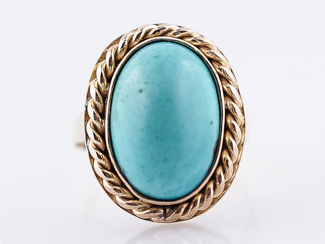 Vintage Right Hand Ring Retro 6.00 Cabochon Oval Cut Turquoise in 14K Yellow Gold - Image 2