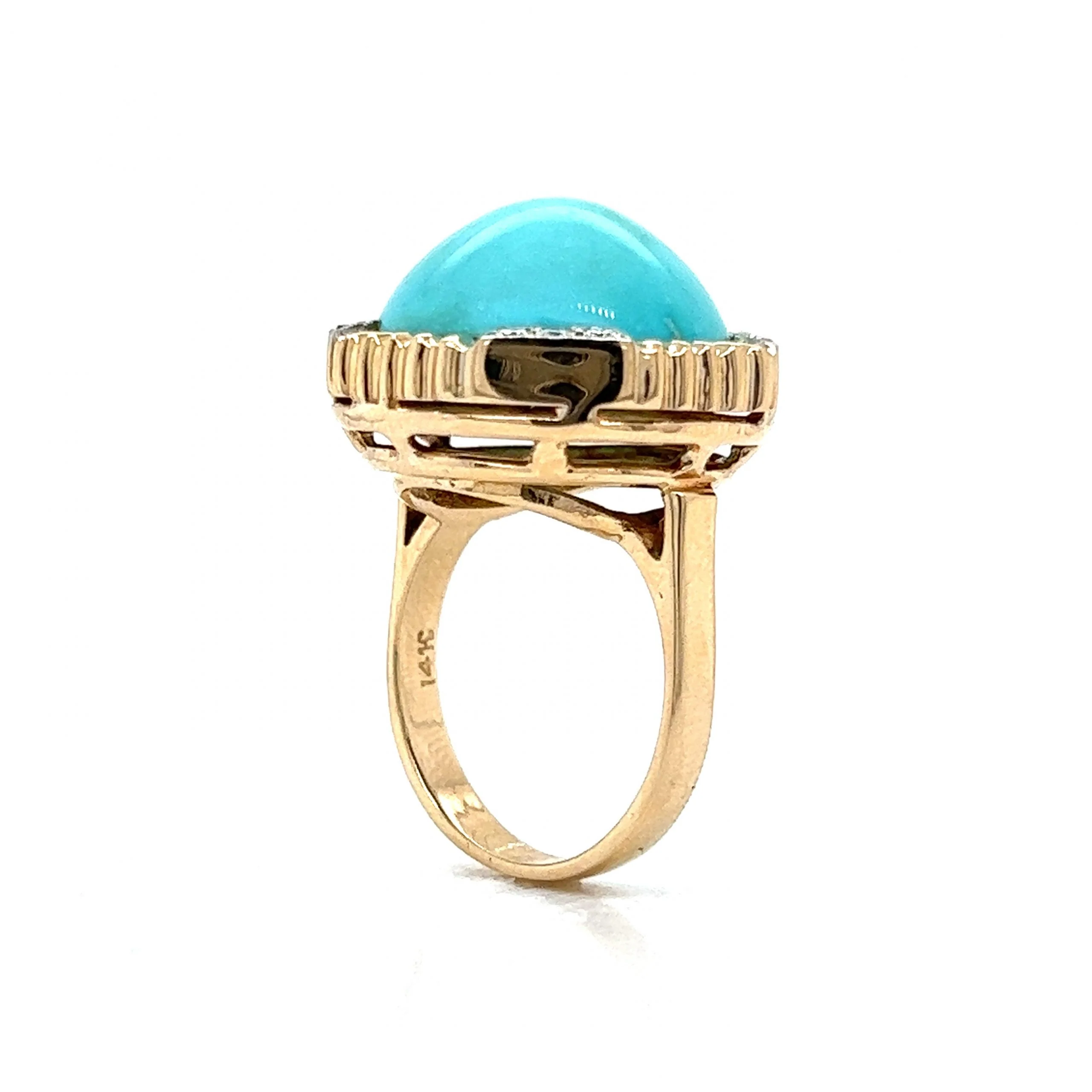 Vintage Round Turquoise & Diamond Ring in 14k Yellow Gold - Image 5