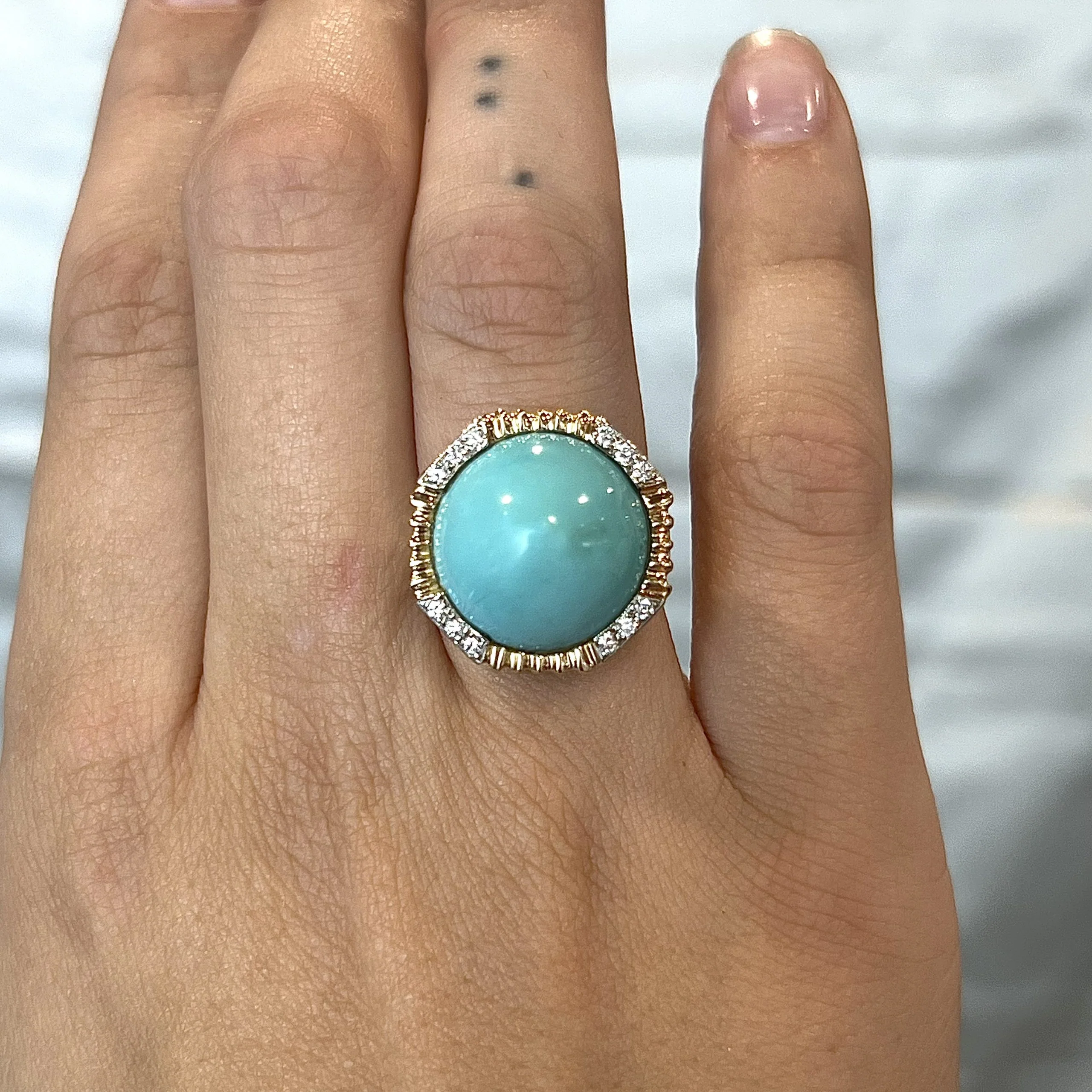 Vintage Round Turquoise & Diamond Ring in 14k Yellow Gold - Image 6