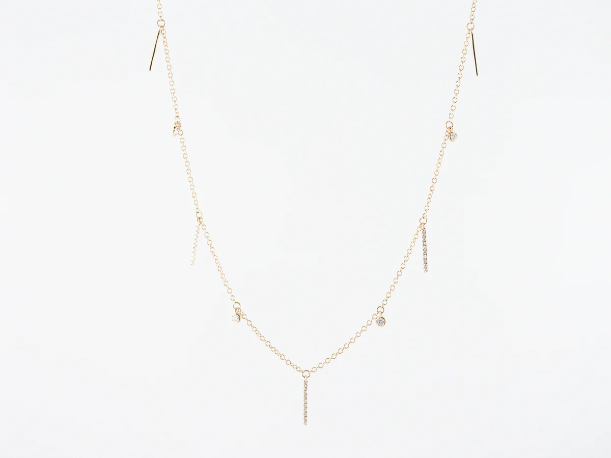 Vintage Stye Art Deco Round Brilliant & Single Cut Diamond Necklace in Yellow Gold