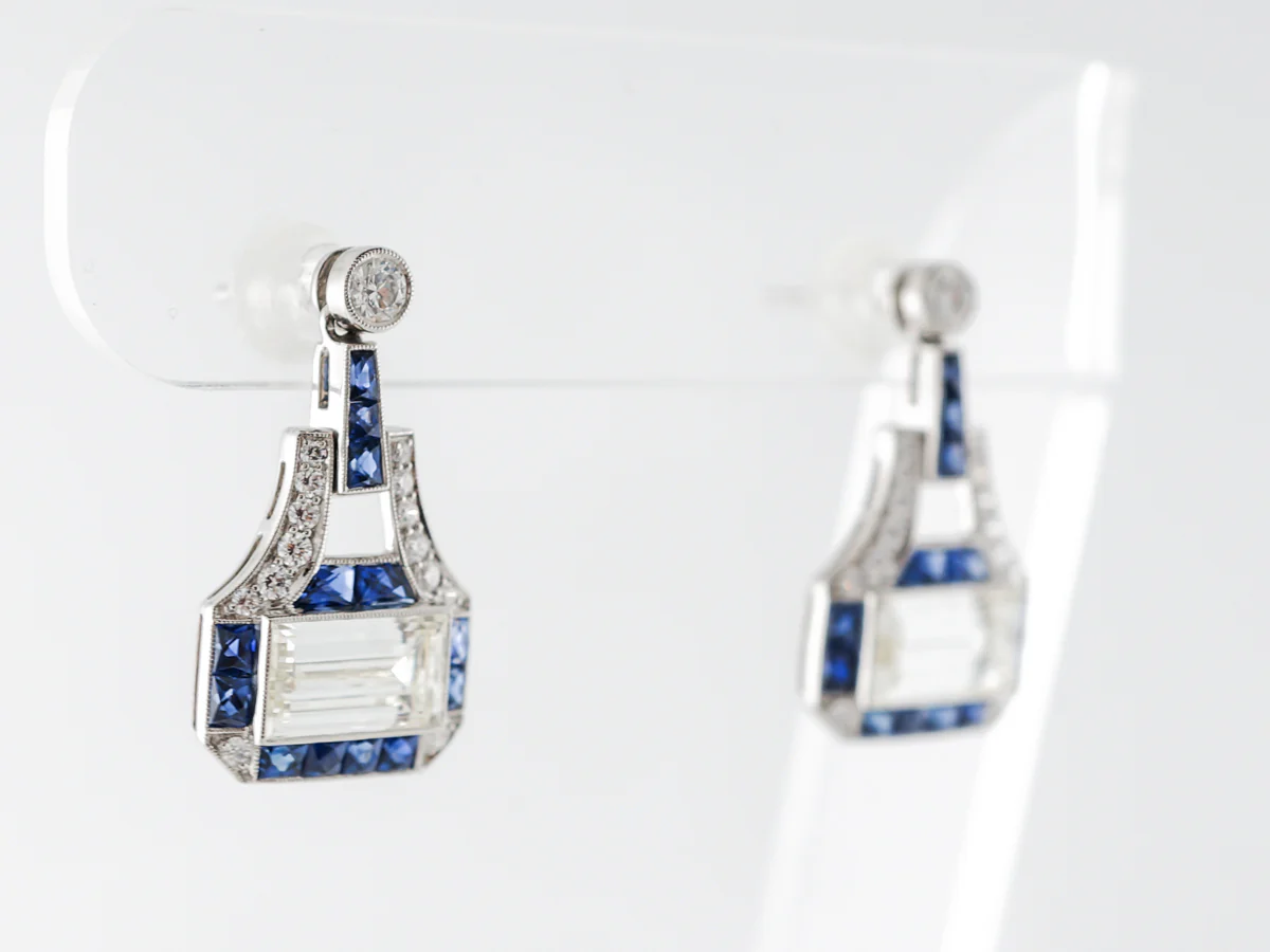 Vintage Style Diamond & Sapphire Earrings in Platinum - Image 2
