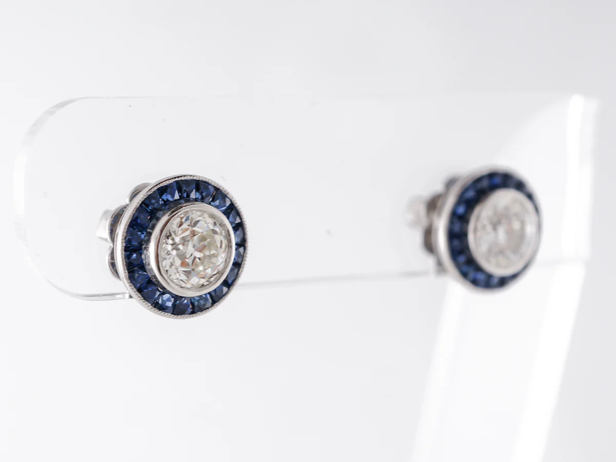 Vintage Style Stud Earrings w/ Diamonds & Sapphire Accents - Image 2