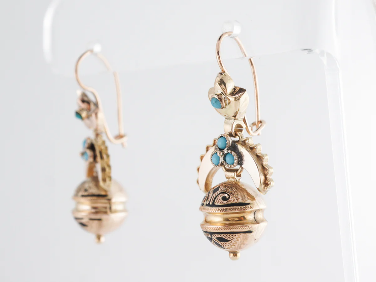 Vintage Turquoise & Enamel Victorian Earrings in 14k - Image 2