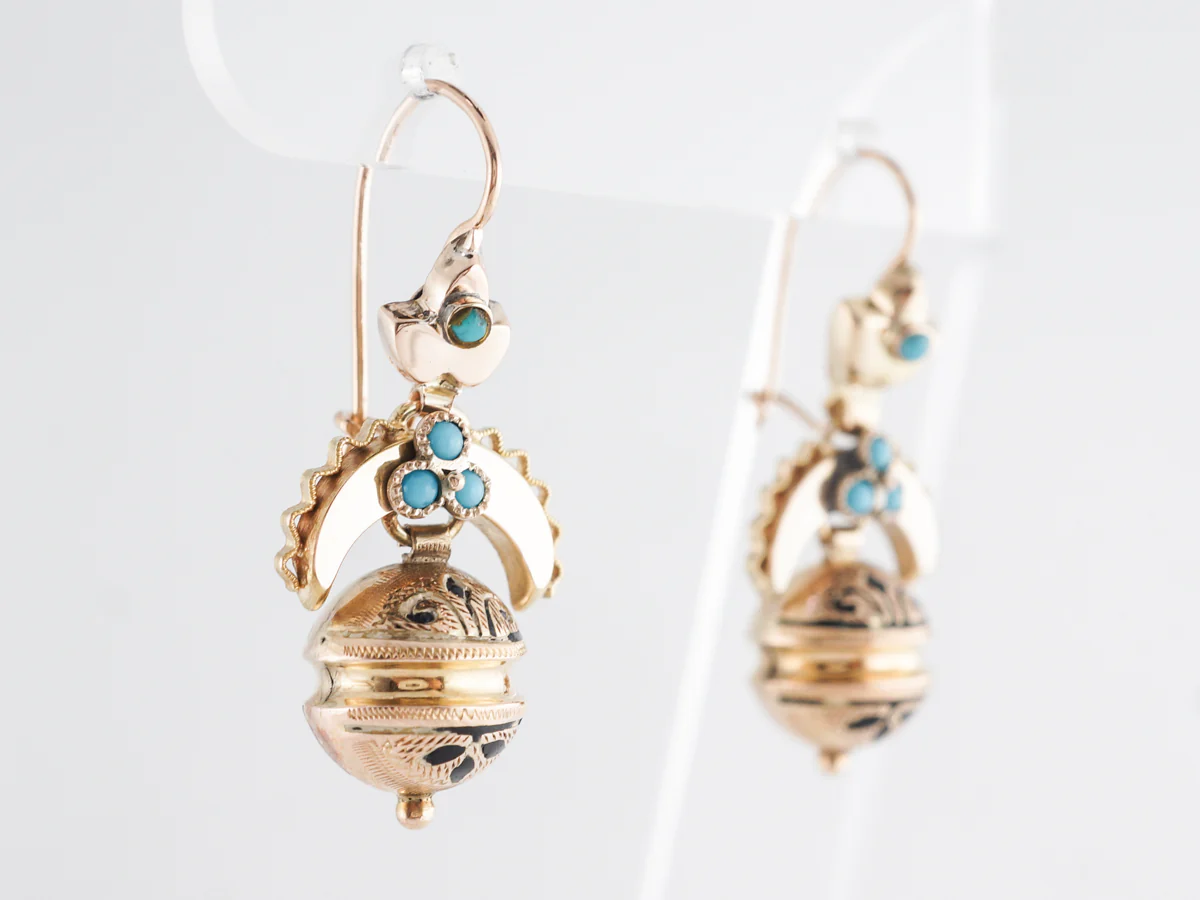 Vintage Turquoise & Enamel Victorian Earrings in 14k - Image 3