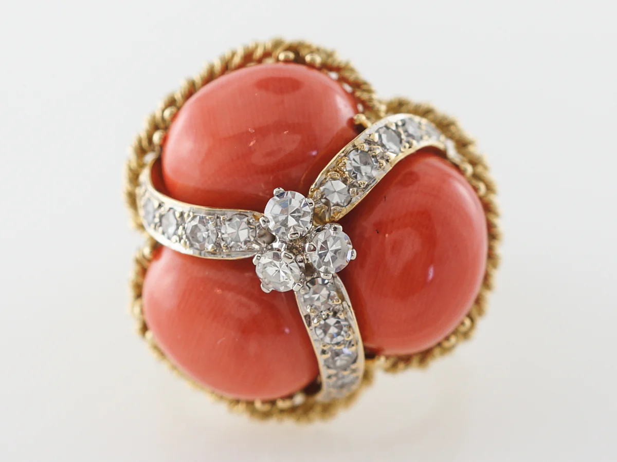 Cabochon Coral & Diamond Ring in 18k Yellow Gold