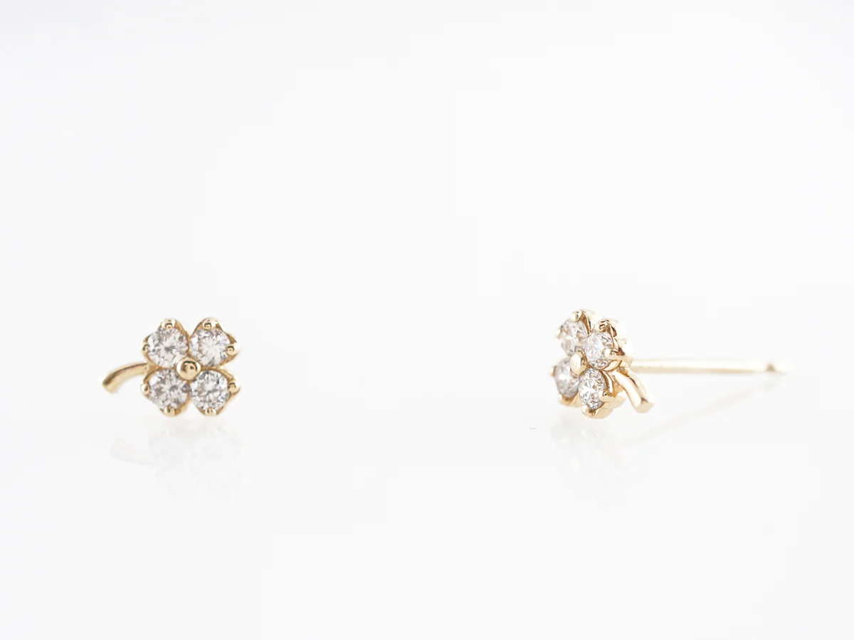 Yellow Gold Clover Earrings w/ Round Brilliant Diamonds - Image 2