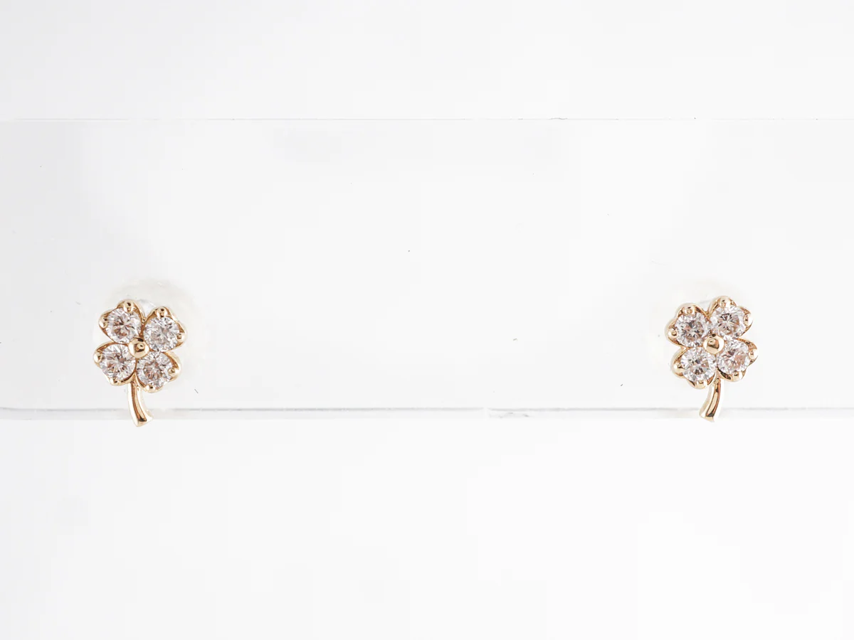 Yellow Gold Clover Earrings w/ Round Brilliant Diamonds - Image 3
