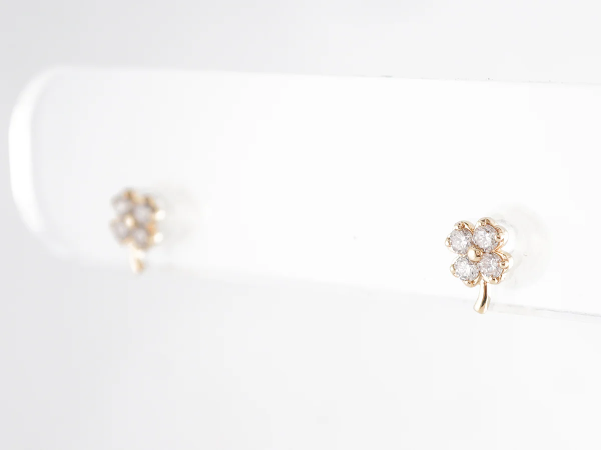 Yellow Gold Clover Earrings w/ Round Brilliant Diamonds - Image 4