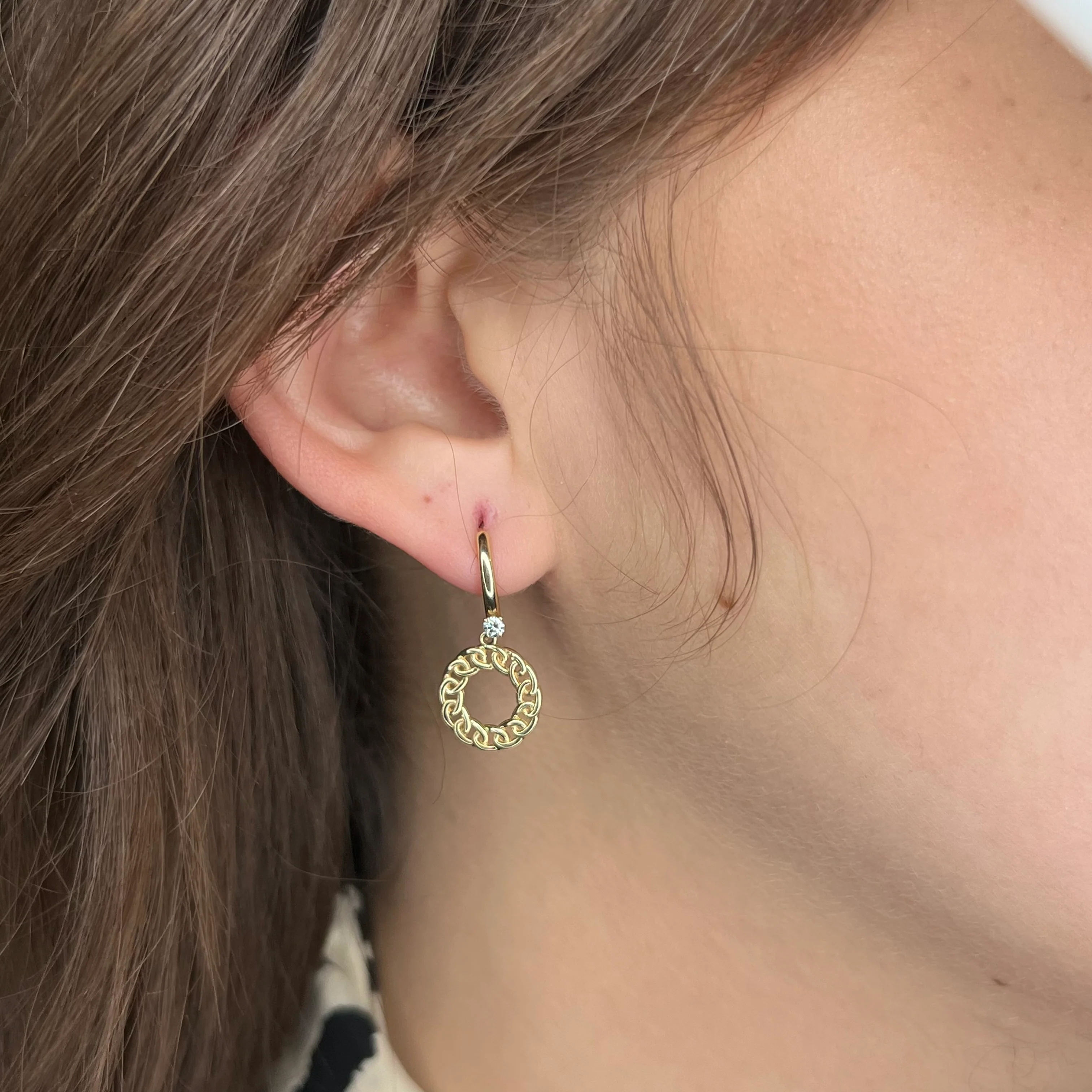 Yellow Gold Hoop Earrings w/ Diamonds - Image 4